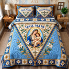Virgin Mary Prayer quilted 3-piece bedding set on a made bed in a softly lit bedroom