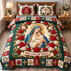 Virgin Mary Serenity quilted 3-piece bedding set on a made bed with two matching pillow shams