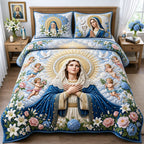 Virgin Mary With Cherubs Blue quilted 3-piece bedding set on a made bed with two matching pillow shams
