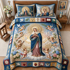 Virgin Mary With Cherubs Cream quilted 3-piece bedding set on a made bed with two matching pillow shams