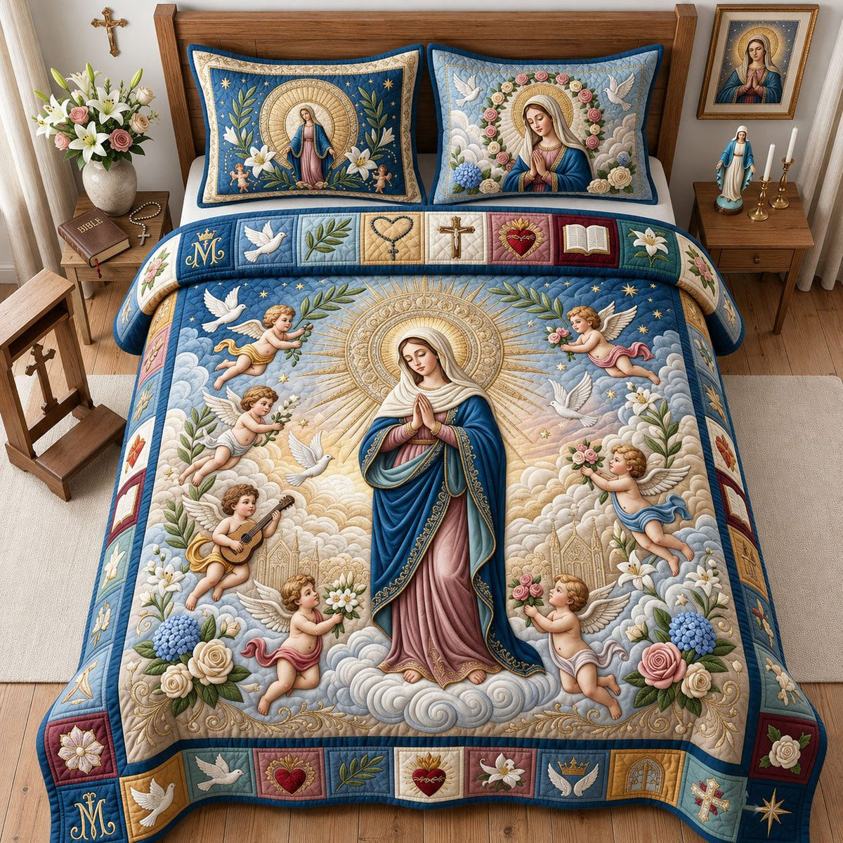 Virgin Mary With Cherubs Cream quilted 3-piece bedding set on a made bed with two matching pillow shams