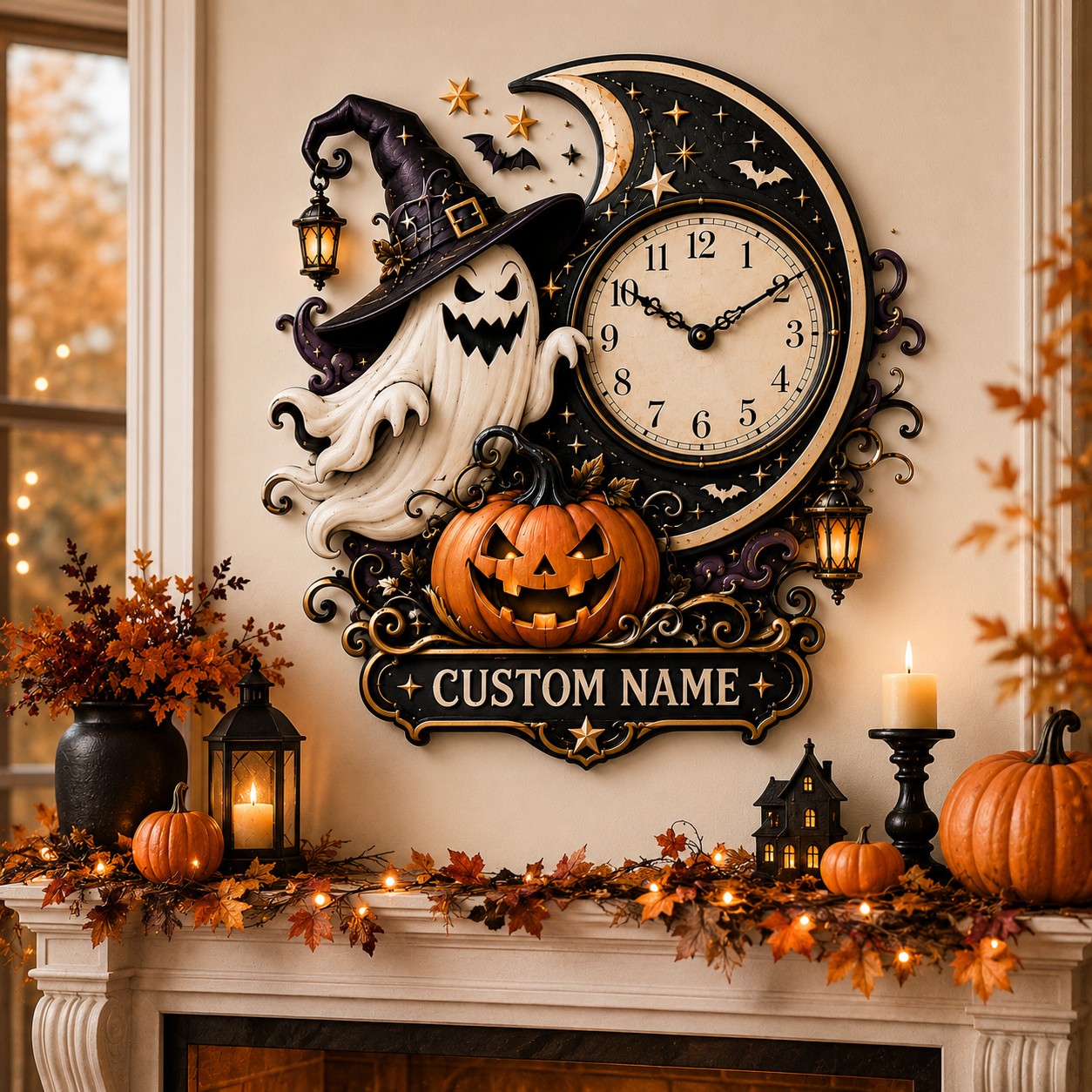 Moonlit Halloween interiors Custom Name Wall Clock — personalized with a custom name