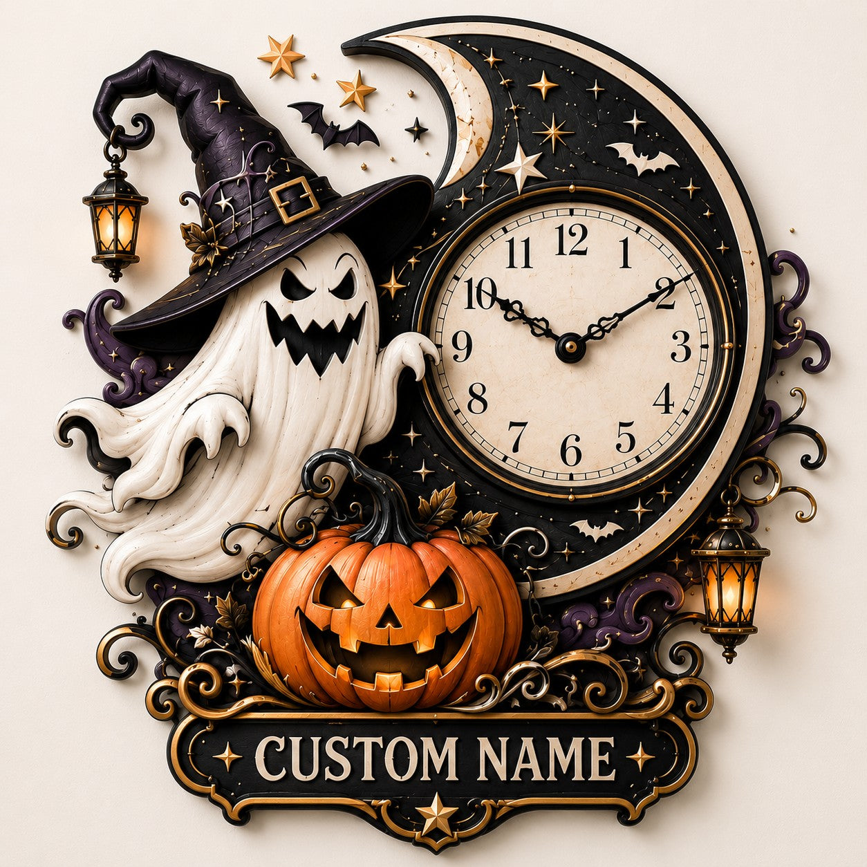 Moonlit Halloween interiors Custom Name Wall Clock — personalized with a custom name