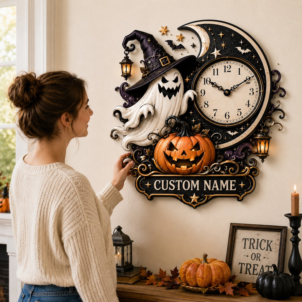 Moonlit Halloween interiors Custom Name Wall Clock — personalized with a custom name