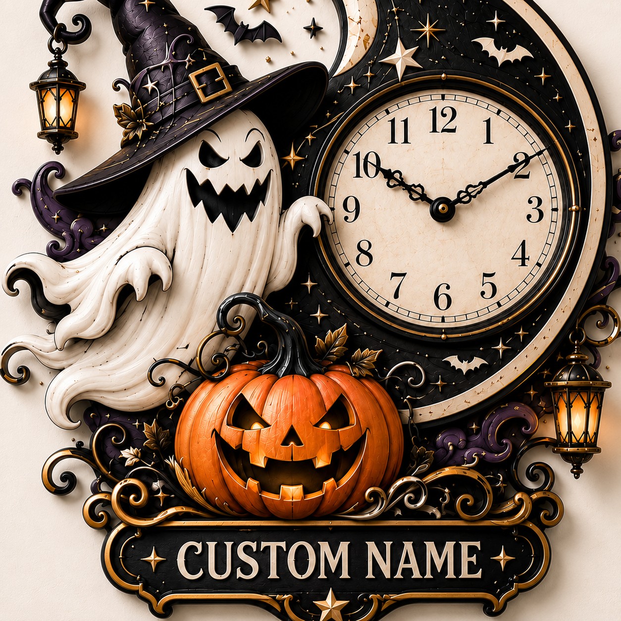 Moonlit Halloween interiors Custom Name Wall Clock — personalized with a custom name