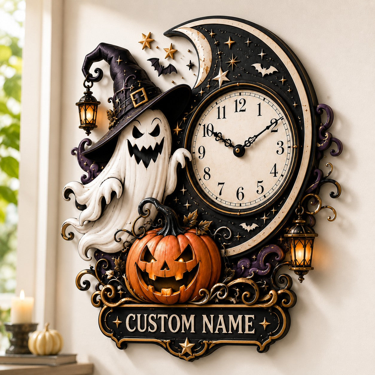 Moonlit Halloween interiors Custom Name Wall Clock — personalized with a custom name