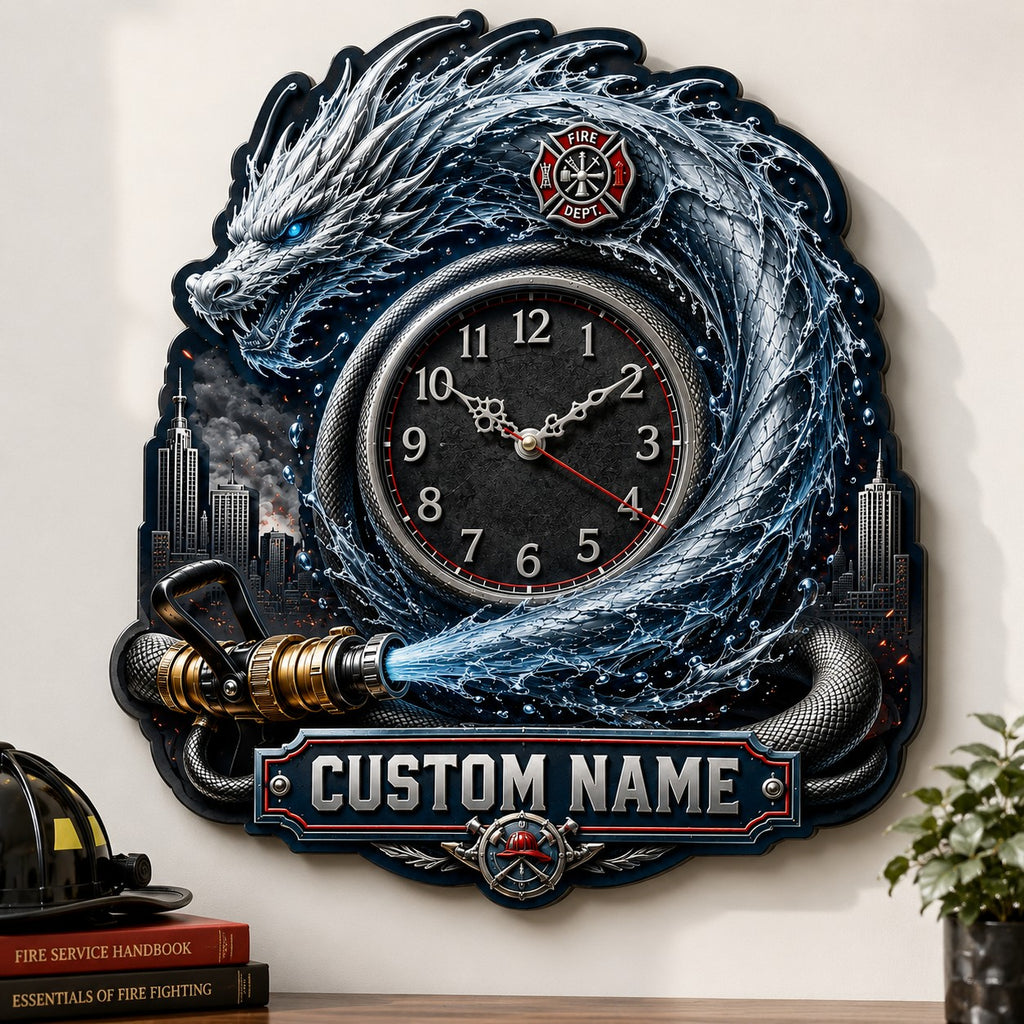 Water dragon firefighter Custom Name Wall Clock — personalized with a custom name