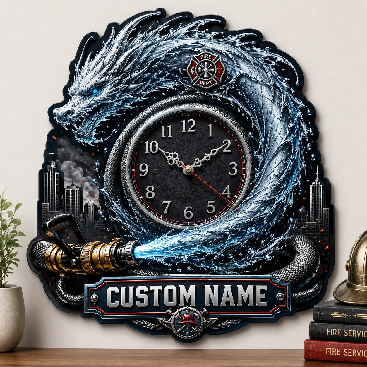 Water dragon firefighter Custom Name Wall Clock — personalized with a custom name