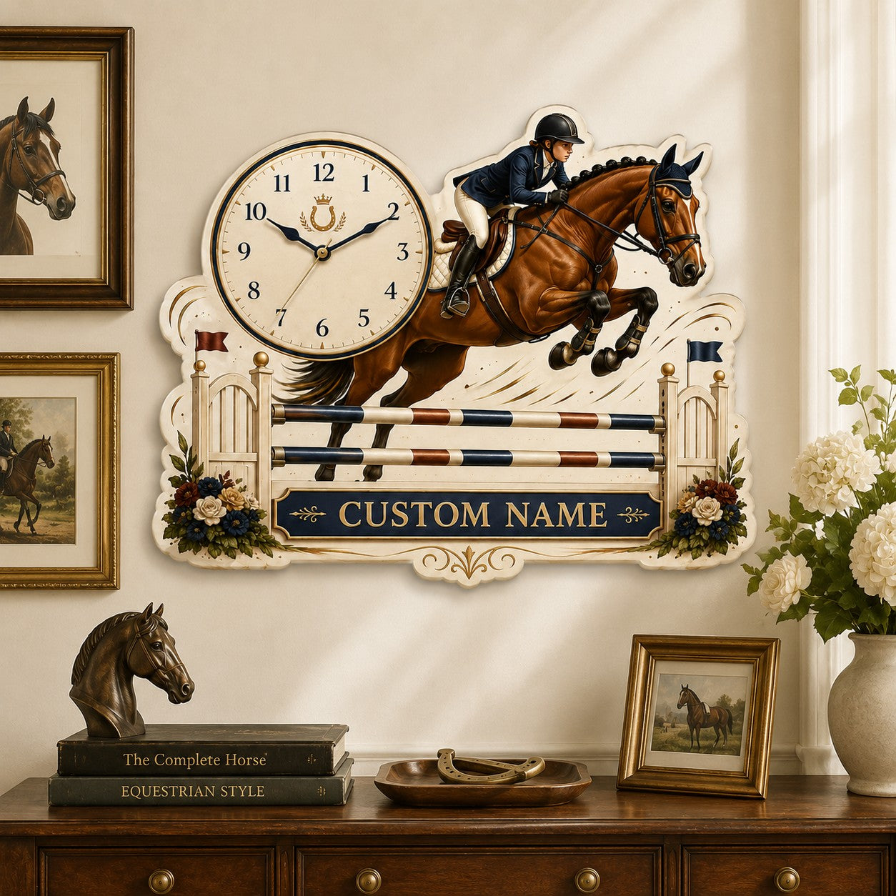 Horse jumping Custom Name Wall Clock — personalized with a custom name