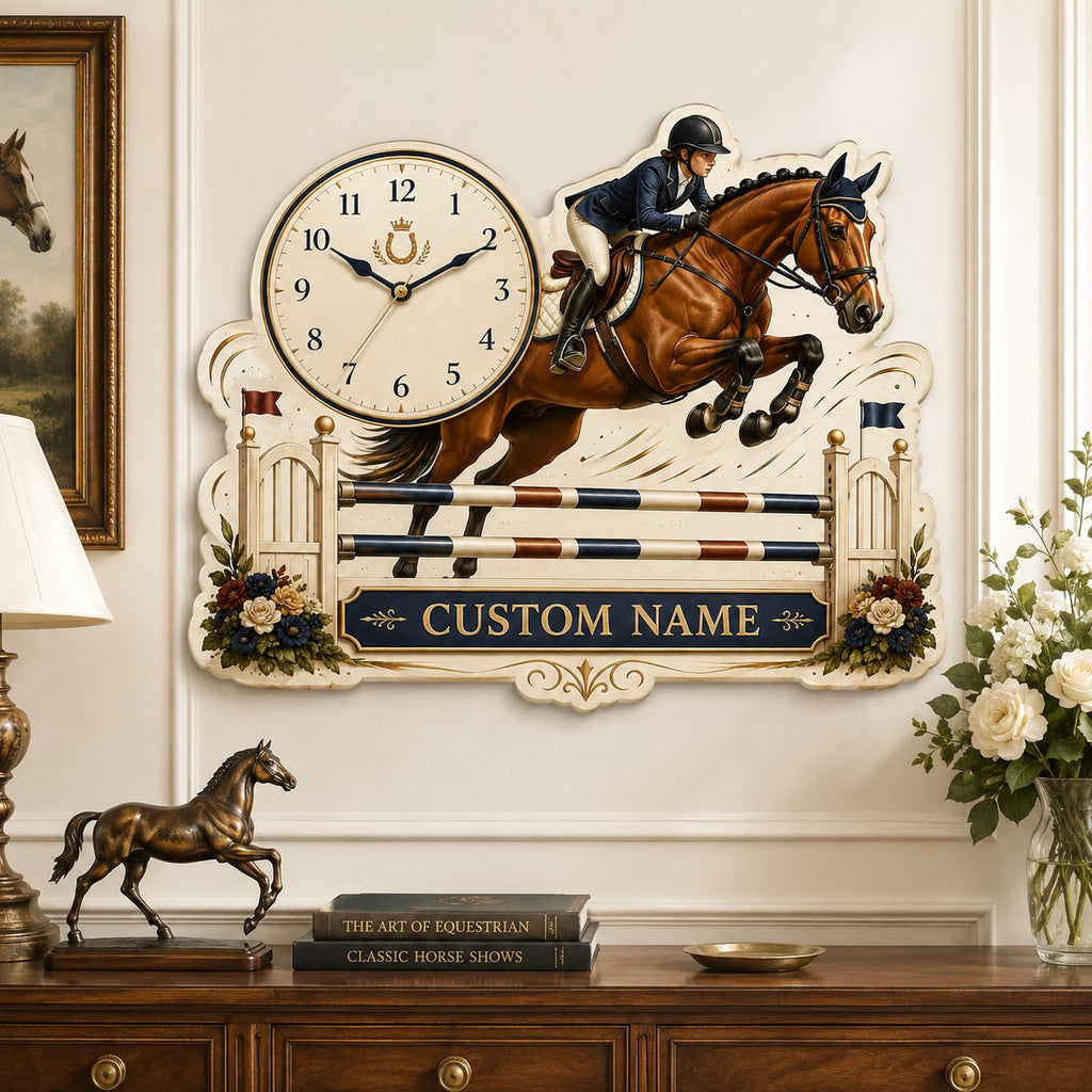 Horse jumping Custom Name Wall Clock — personalized with a custom name