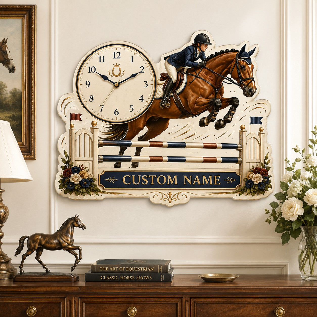 Horse jumping Custom Name Wall Clock — personalized with a custom name