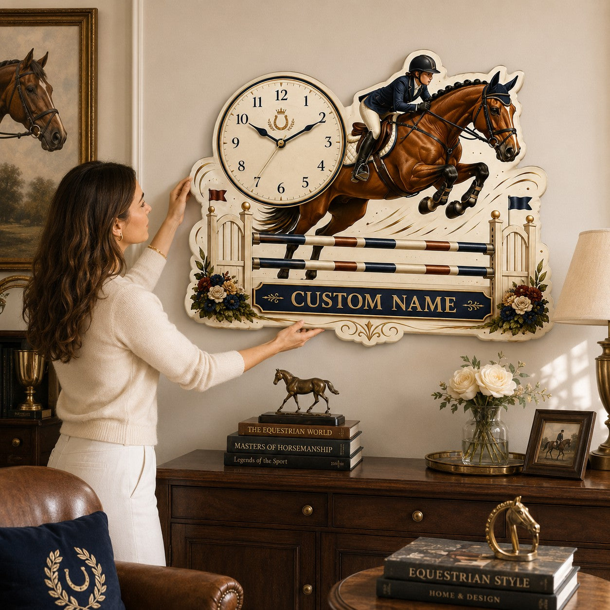 Horse jumping Custom Name Wall Clock — personalized with a custom name