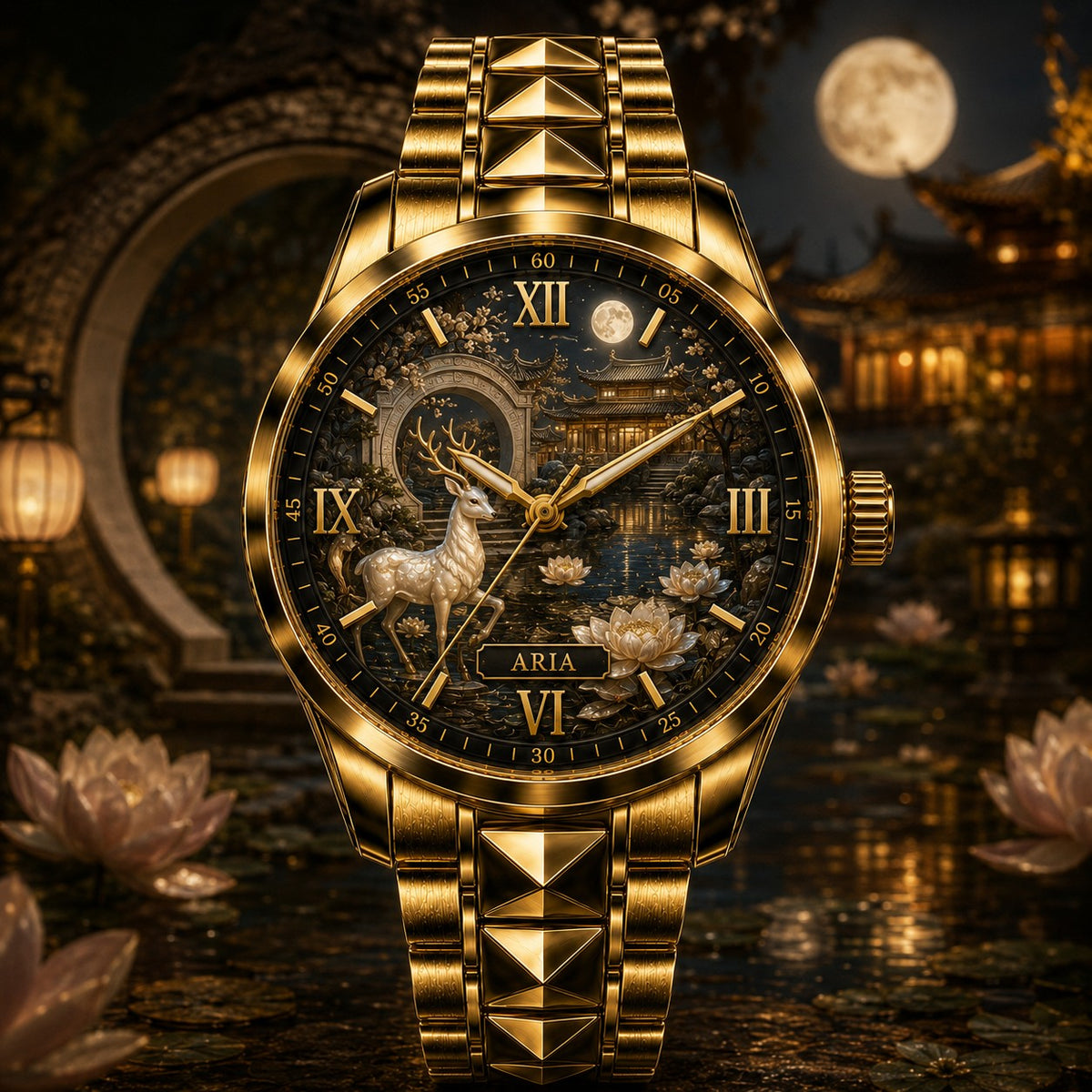 Custom Moonlit Lotus Deer Watch — personalized with a custom name