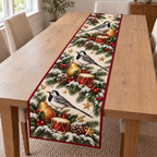 Wagtail Pear Toy Drum printed Christmas quilted table runner; design mockup showing a flat printed depth effect.