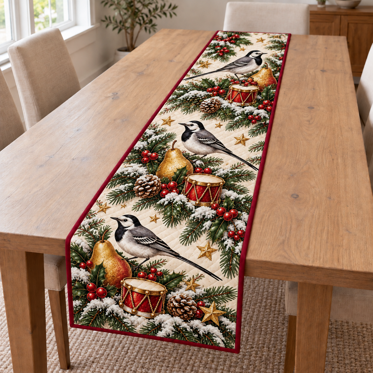 Wagtail Pear Toy Drum printed Christmas quilted table runner; design mockup showing a flat printed depth effect.