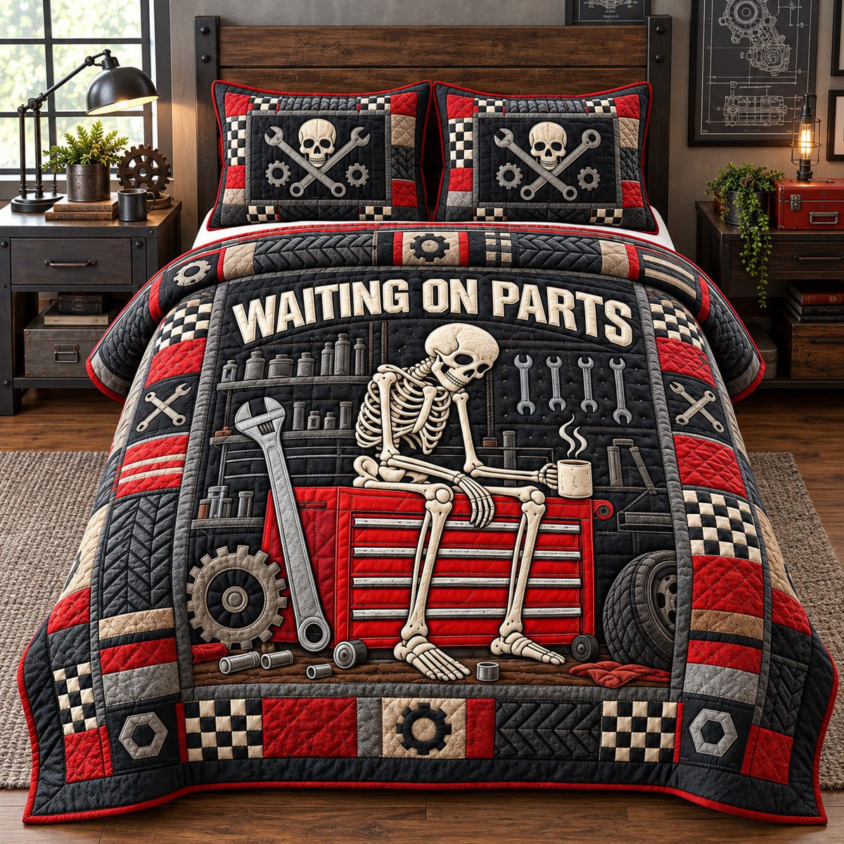 Waiting On Parts quilted 3-piece bedding set on a made bed with two matching pillow shams