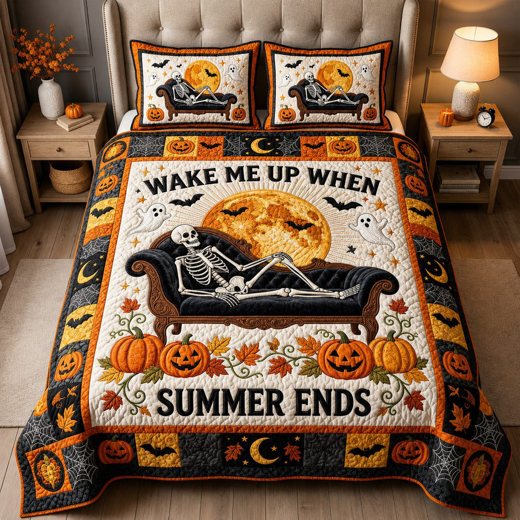 Wake Me Up When Summer Ends Cream quilted 3-piece bedding set on a made bed with two matching pillow shams
