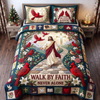 Walk By Faith Jesus quilted 3-piece bedding set on a made bed in a softly lit bedroom