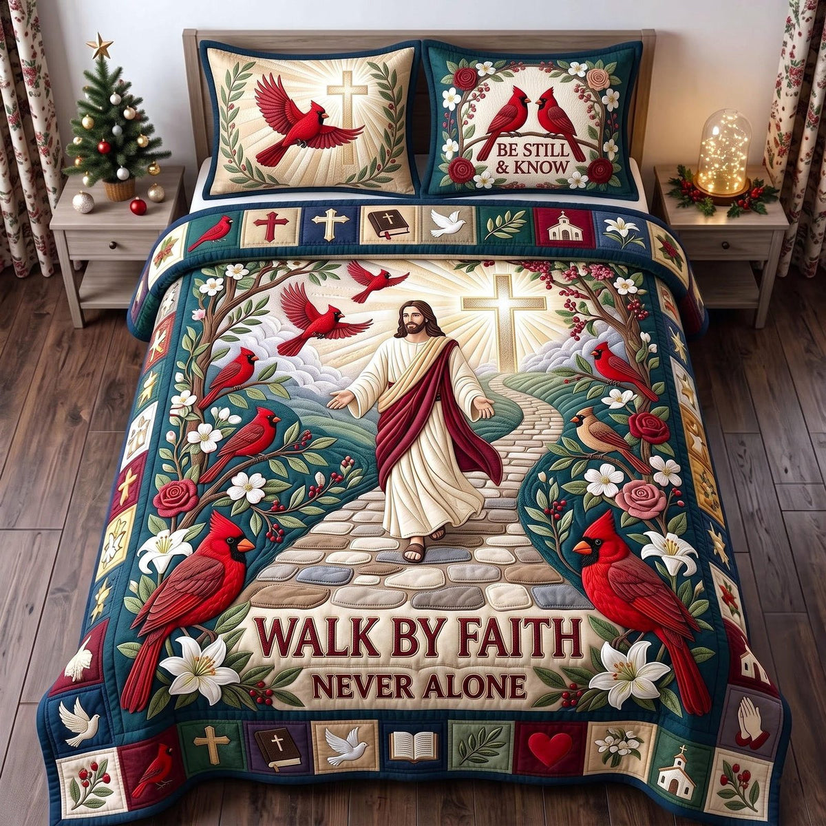 Walk By Faith Jesus quilted 3-piece bedding set on a made bed in a softly lit bedroom