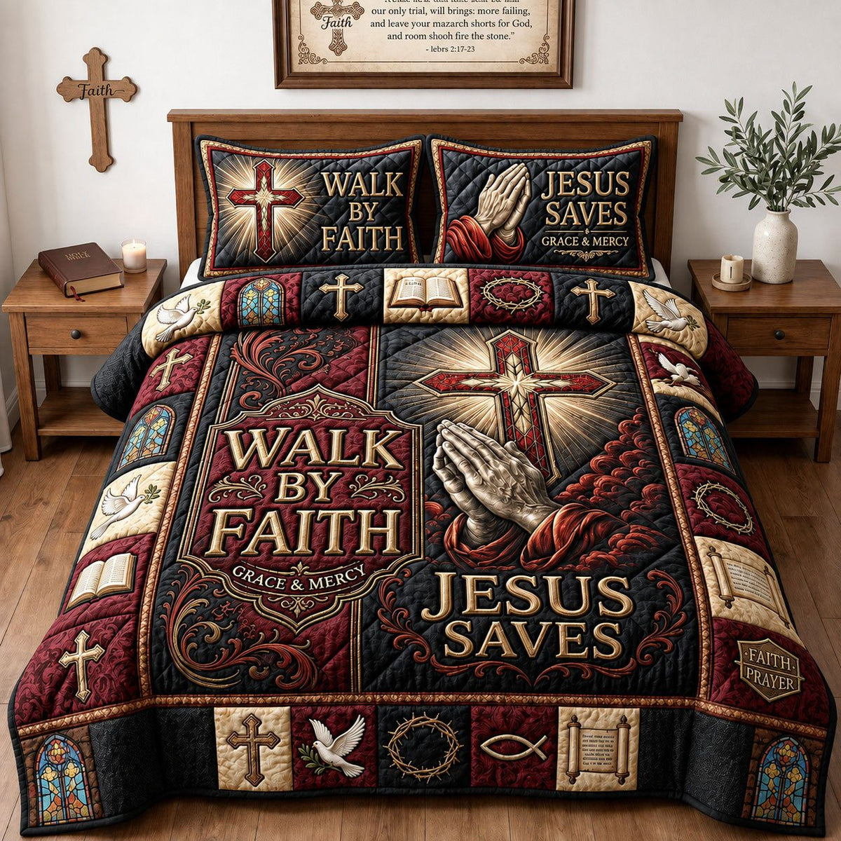 Walk By Faith Jesus Saves quilted 3-piece bedding set on a made bed in a softly lit bedroom
