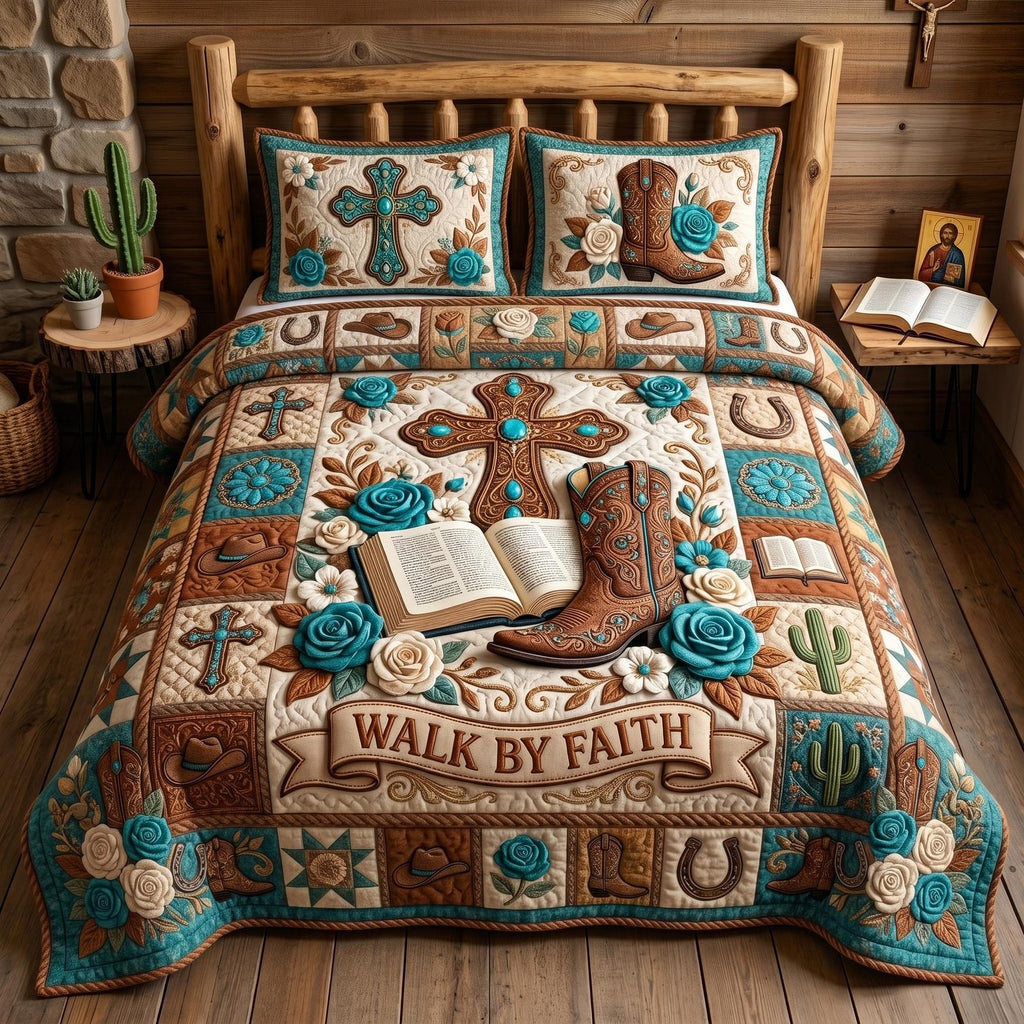 Walk By Faith Western Boots quilted 3-piece bedding set on a made bed in a softly lit bedroom
