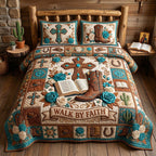 Walk By Faith Western Boots quilted 3-piece bedding set on a made bed in a softly lit bedroom