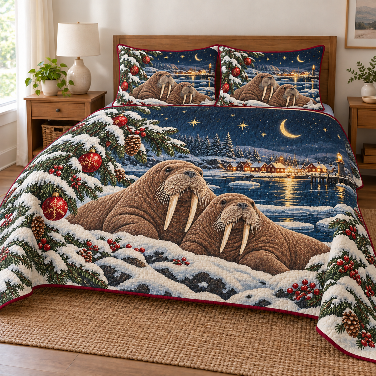 Walrus Moon Harbor printed Christmas quilt and two matching pillow shams; design mockup showing a flat printed depth effect.