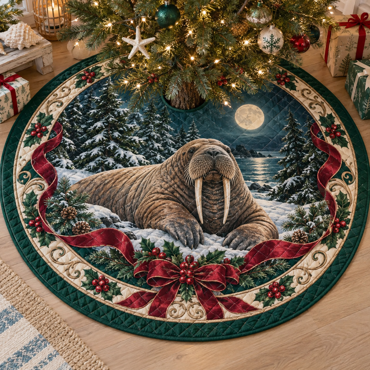 Walrus Quilted Christmas Tree Skirt — digital product visualization