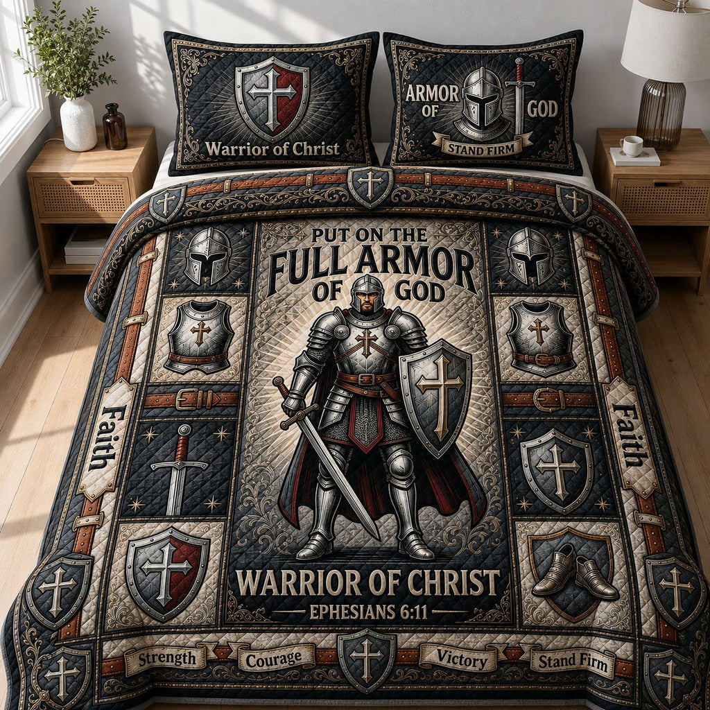 Warrior Of Christ Knight quilted 3-piece bedding set on a made bed in a softly lit bedroom