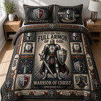 Warrior Of Christ Knight quilted 3-piece bedding set on a made bed in a softly lit bedroom