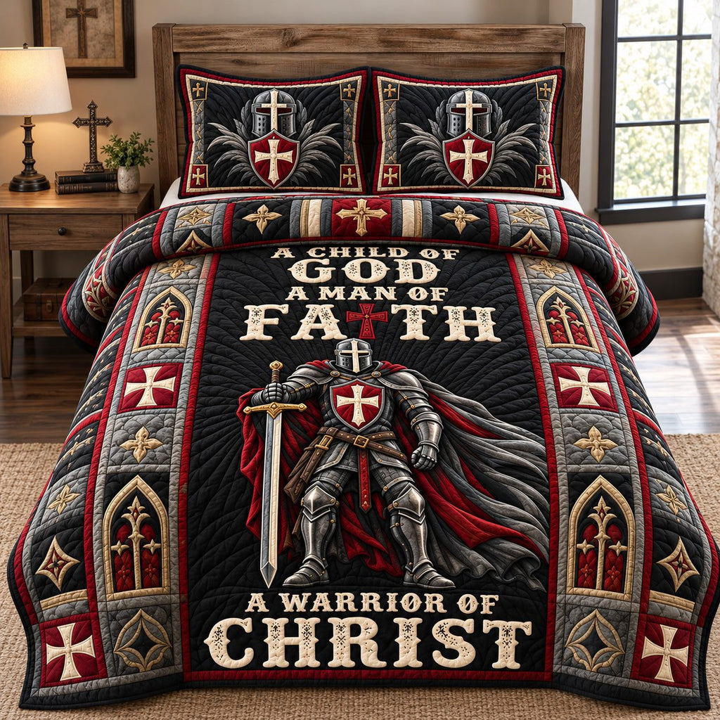 Warrior Of Christ quilted 3-piece bedding set on a made bed in a softly lit bedroom