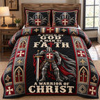 Warrior Of Christ quilted 3-piece bedding set on a made bed in a softly lit bedroom