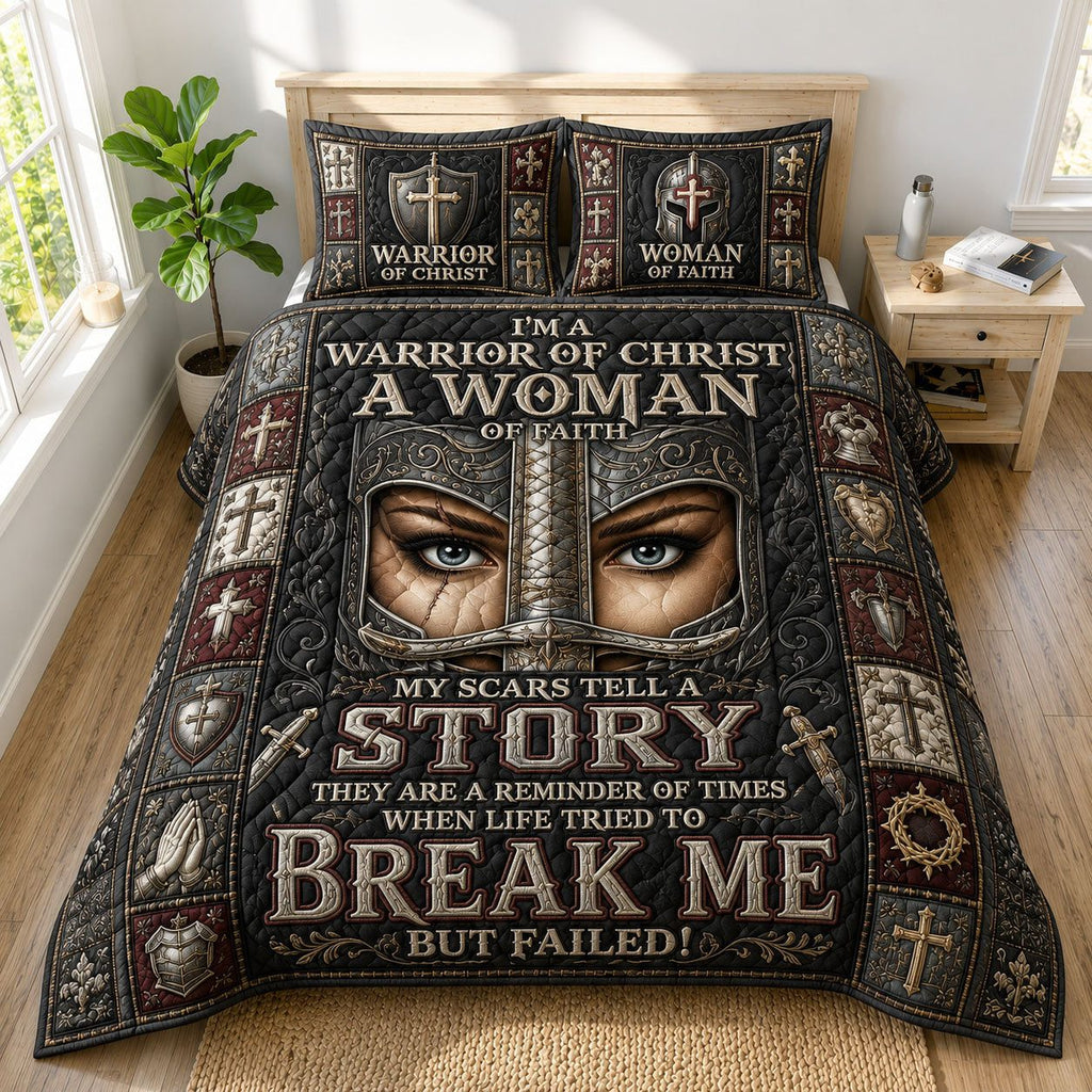 Warrior Of Christ Woman quilted 3-piece bedding set on a made bed in a softly lit bedroom