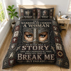 Warrior Of Christ Woman quilted 3-piece bedding set on a made bed in a softly lit bedroom