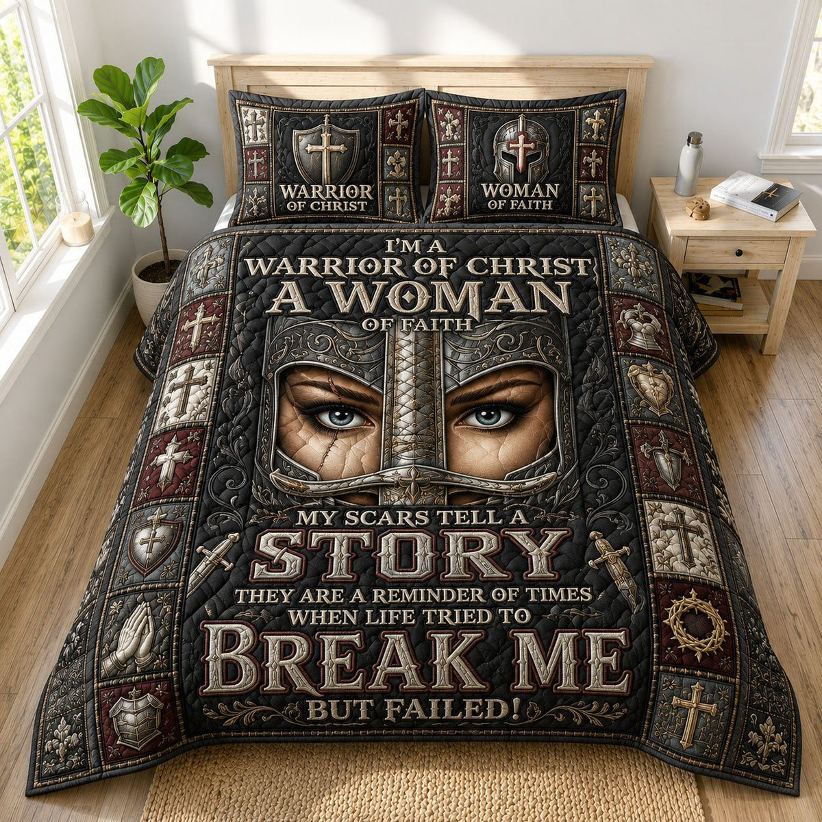 Warrior Of Christ Woman quilted 3-piece bedding set on a made bed in a softly lit bedroom