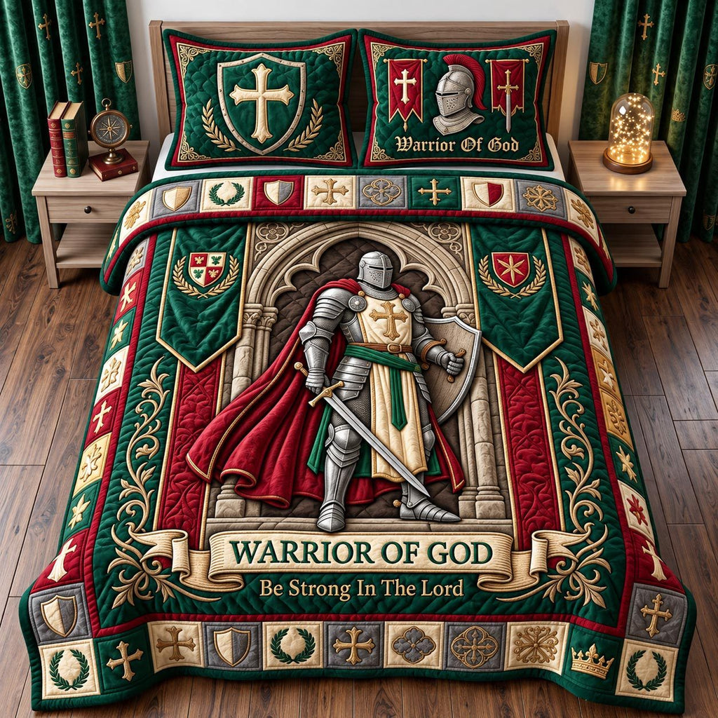 Warrior Of God quilted 3-piece bedding set on a made bed in a softly lit bedroom