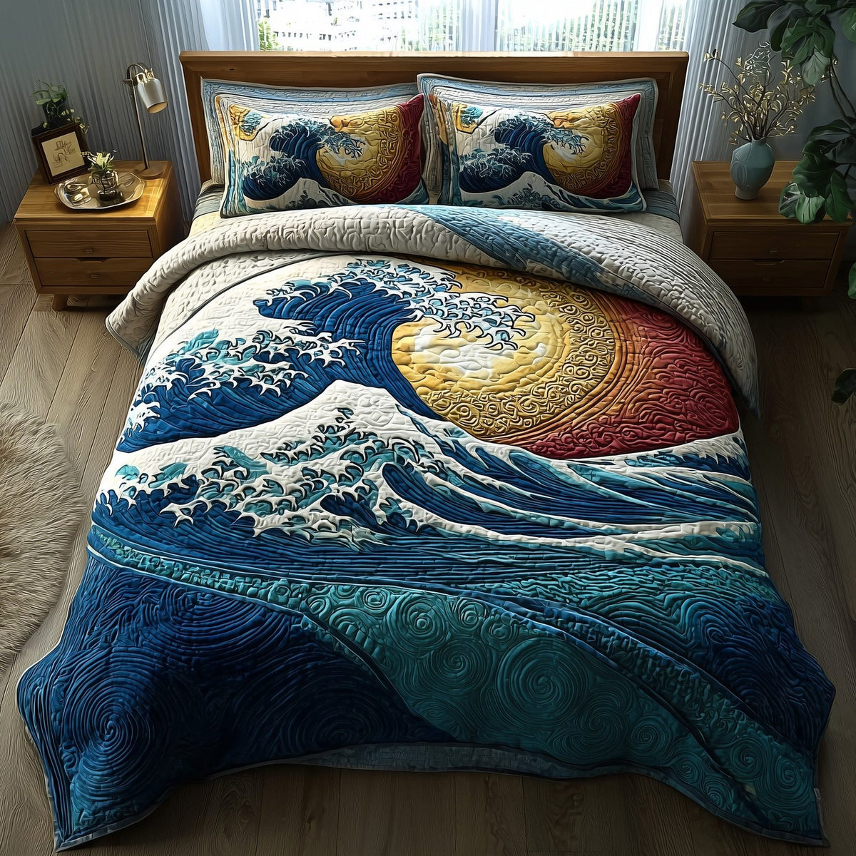 Wave Sun quilted 3-piece bedding set on a made bed in a light coastal bedroom
