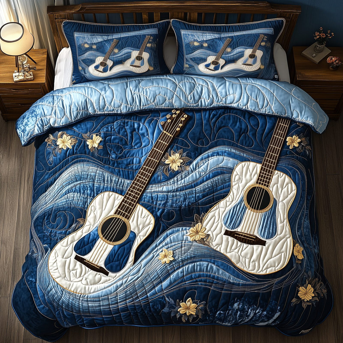 Waves Of Guitar Stars quilted 3-piece bedding set on a made bed in a light coastal bedroom