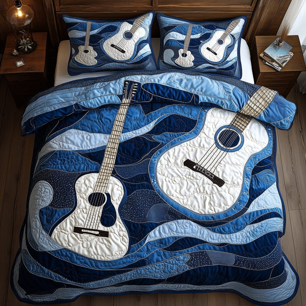Waves Of Guitar Trio quilted 3-piece bedding set on a made bed in a light coastal bedroom