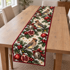 Waxwing Pomegranate Silver Bell printed Christmas quilted table runner; design mockup showing a flat printed depth effect.