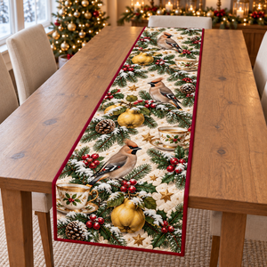 Waxwing Quince Gold Trim Teacup Christmas Table Runner