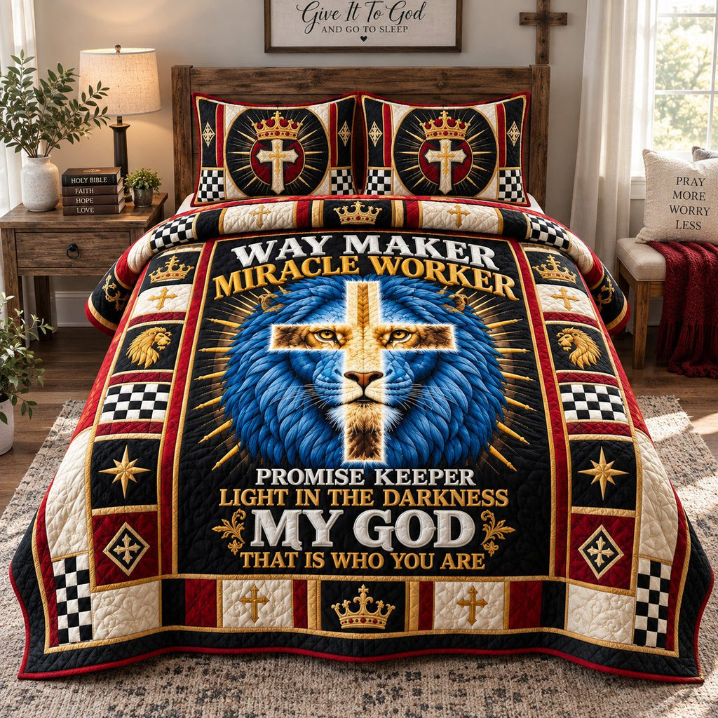 Way Maker Faith quilted 3-piece bedding set on a made bed in a softly lit bedroom
