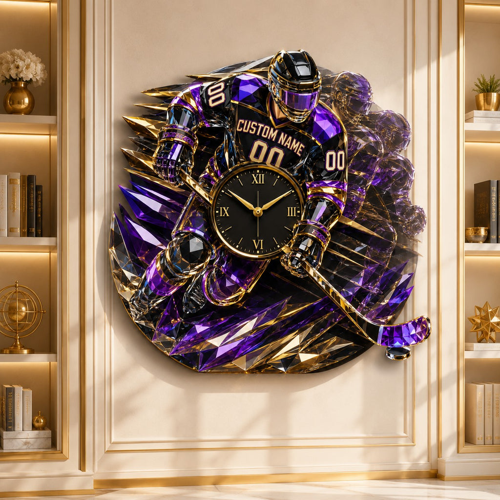 Purple gold hockey Custom Name Wall Clock — personalized with a custom name