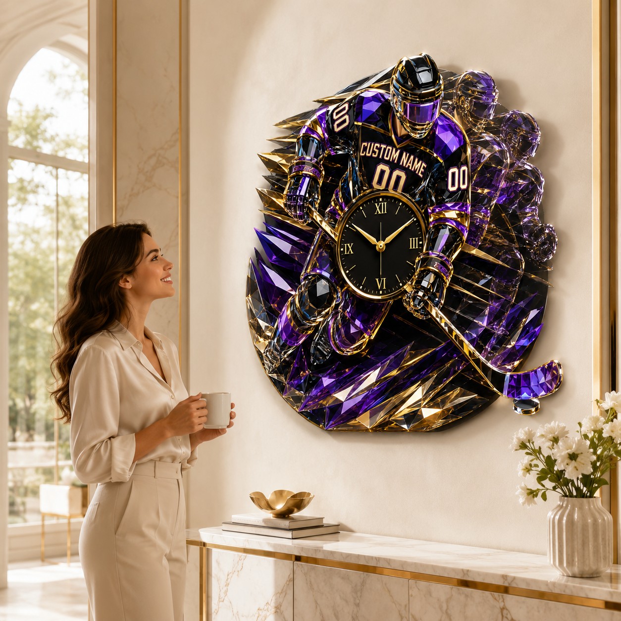 Purple gold hockey Custom Name Wall Clock — personalized with a custom name