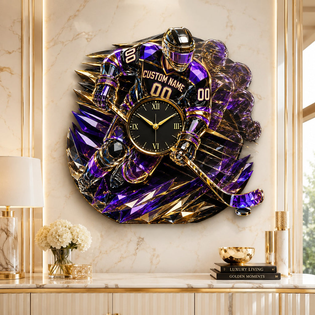 Purple gold hockey Custom Name Wall Clock — personalized with a custom name