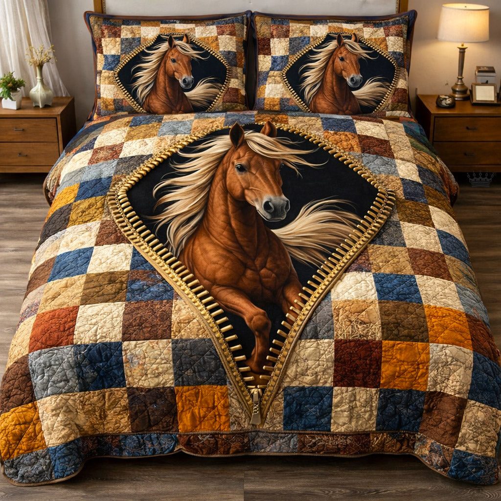 Weathered Gallop Cream quilted 3-piece bedding set on a made bed with two matching pillow shams
