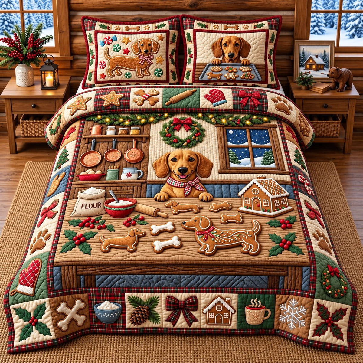 Weenie Christmas Bakery quilted 3-piece bedding set on a made bed in a winter-styled bedroom