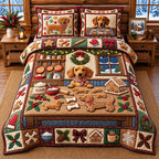 Weenie Christmas Bakery quilted 3-piece bedding set on a made bed in a winter-styled bedroom