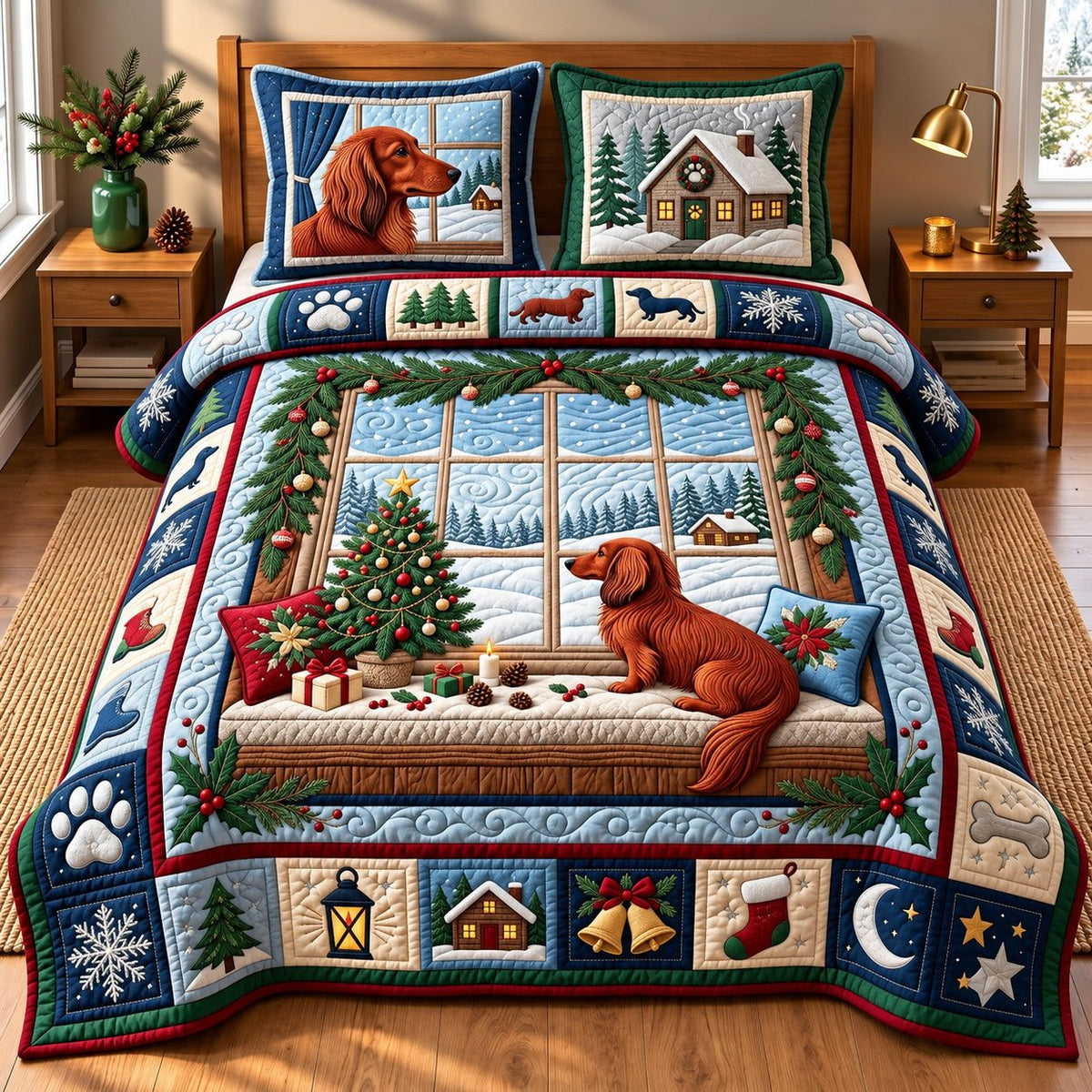 Weenie Christmas Window quilted 3-piece bedding set on a made bed in a winter-styled bedroom
