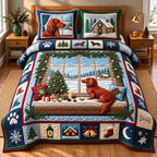 Weenie Christmas Window quilted 3-piece bedding set on a made bed in a winter-styled bedroom